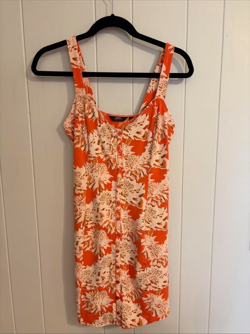 Obey Orange and Cream Floral Button-Front Mini Dress